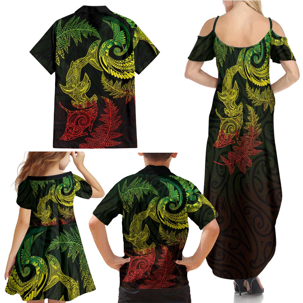 New Zealand Sea Animals with Maori Tribal Tattoo Family Matching Summer Maxi Dress and Hawaiian Shirt Shark Manta Ray with Silver Fern Reggae