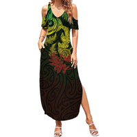 New Zealand Sea Animals with Maori Tribal Tattoo Family Matching Summer Maxi Dress and Hawaiian Shirt Shark Manta Ray with Silver Fern Reggae