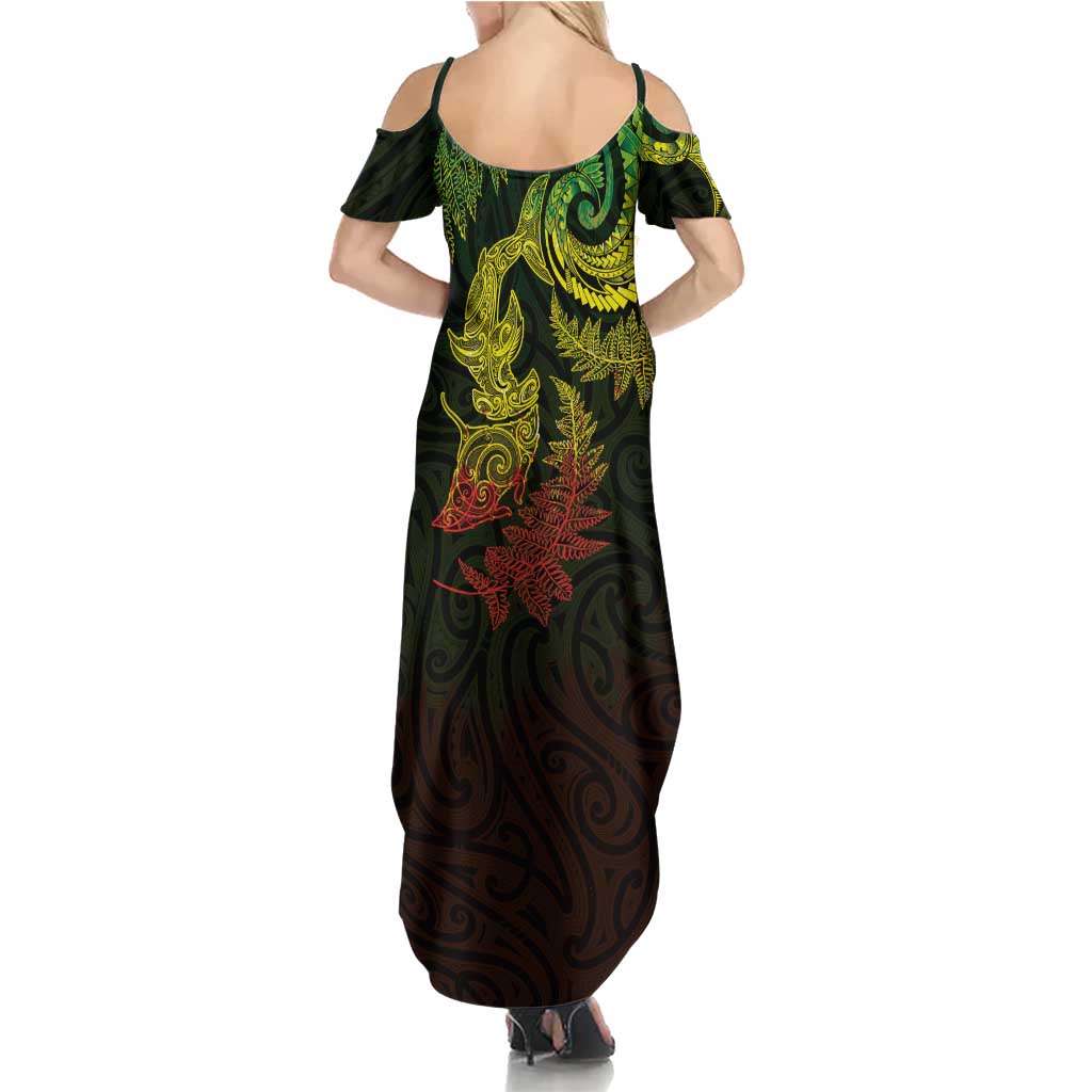 New Zealand Sea Animals with Maori Tribal Tattoo Family Matching Summer Maxi Dress and Hawaiian Shirt Shark Manta Ray with Silver Fern Reggae