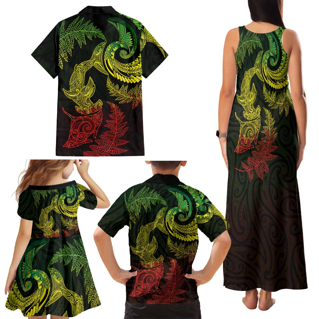 New Zealand Sea Animals with Maori Tribal Tattoo Family Matching Tank Maxi Dress and Hawaiian Shirt Shark Manta Ray with Silver Fern Reggae