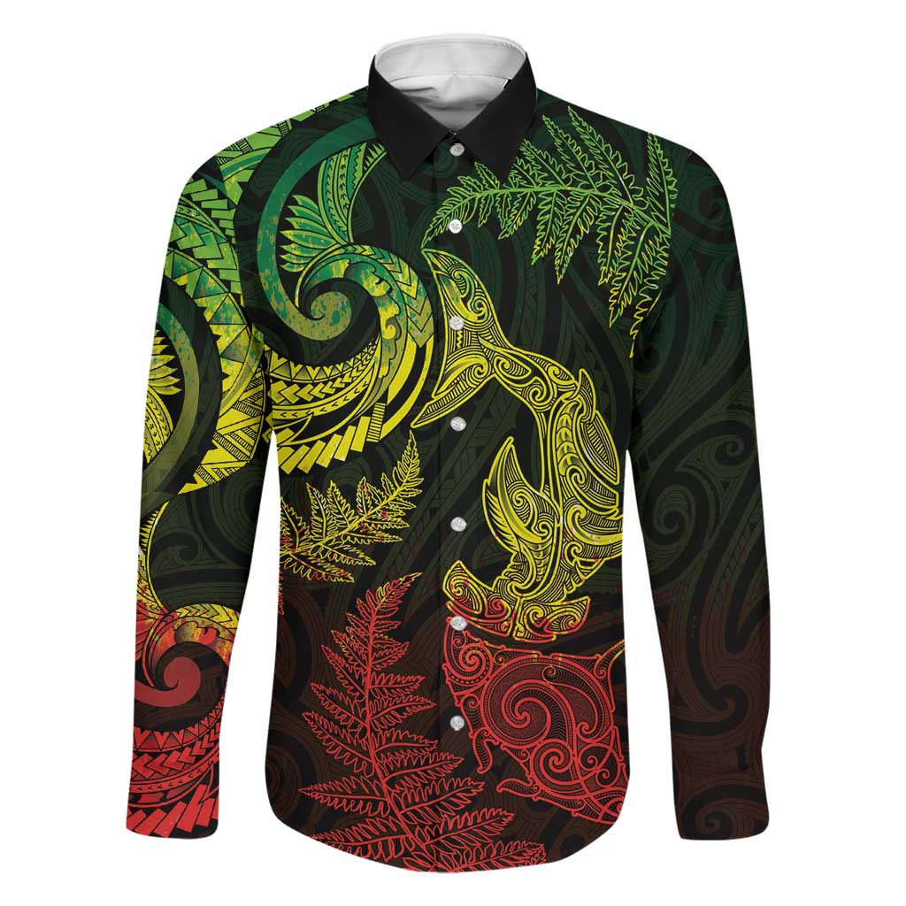 New Zealand Sea Animals with Maori Tribal Tattoo Family Matching Tank Maxi Dress and Hawaiian Shirt Shark Manta Ray with Silver Fern Reggae