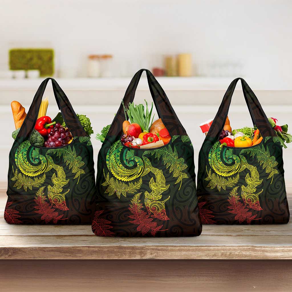 New Zealand Sea Animals with Maori Tribal Tattoo Grocery Bag Shark Manta Ray with Silver Fern Reggae