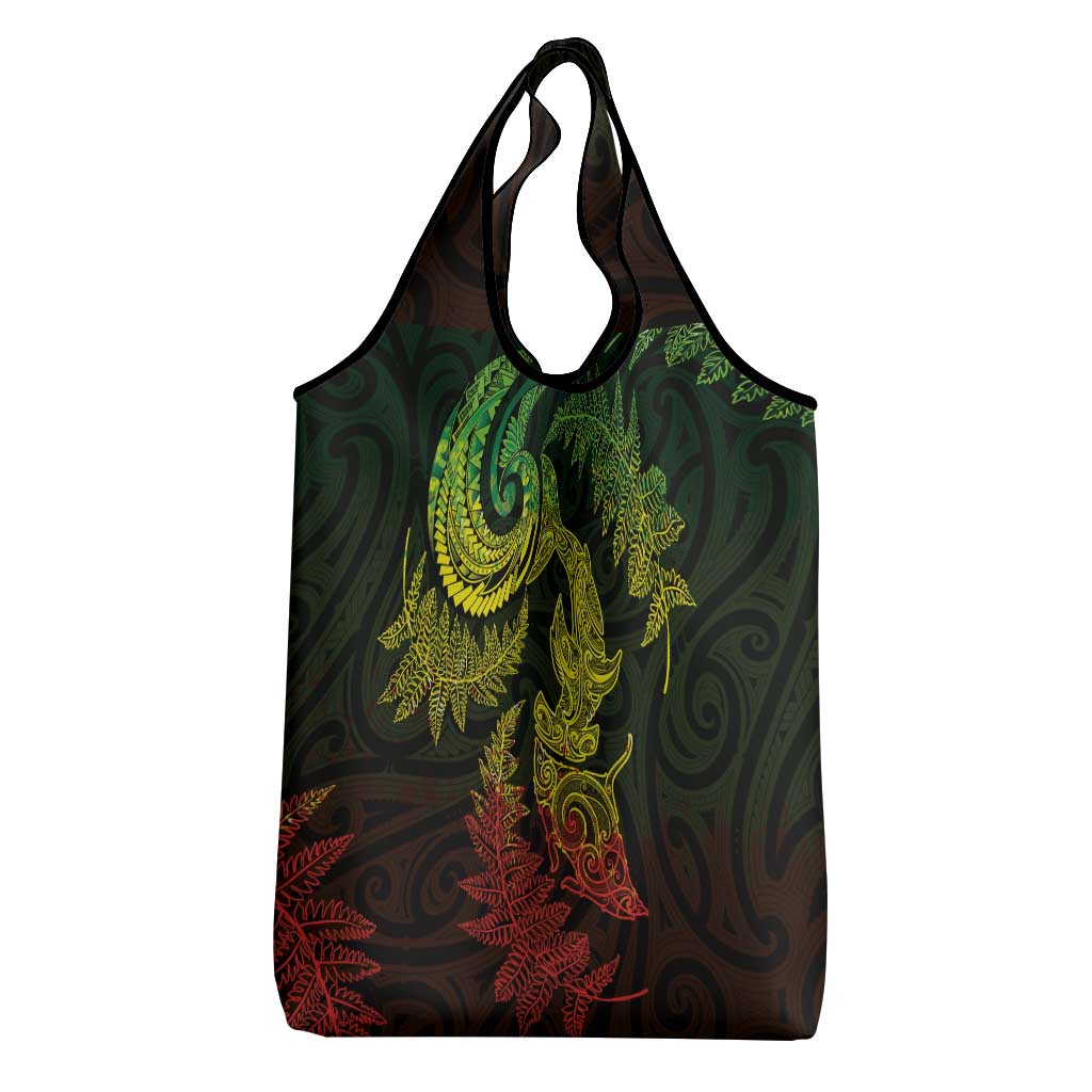 New Zealand Sea Animals with Maori Tribal Tattoo Grocery Bag Shark Manta Ray with Silver Fern Reggae