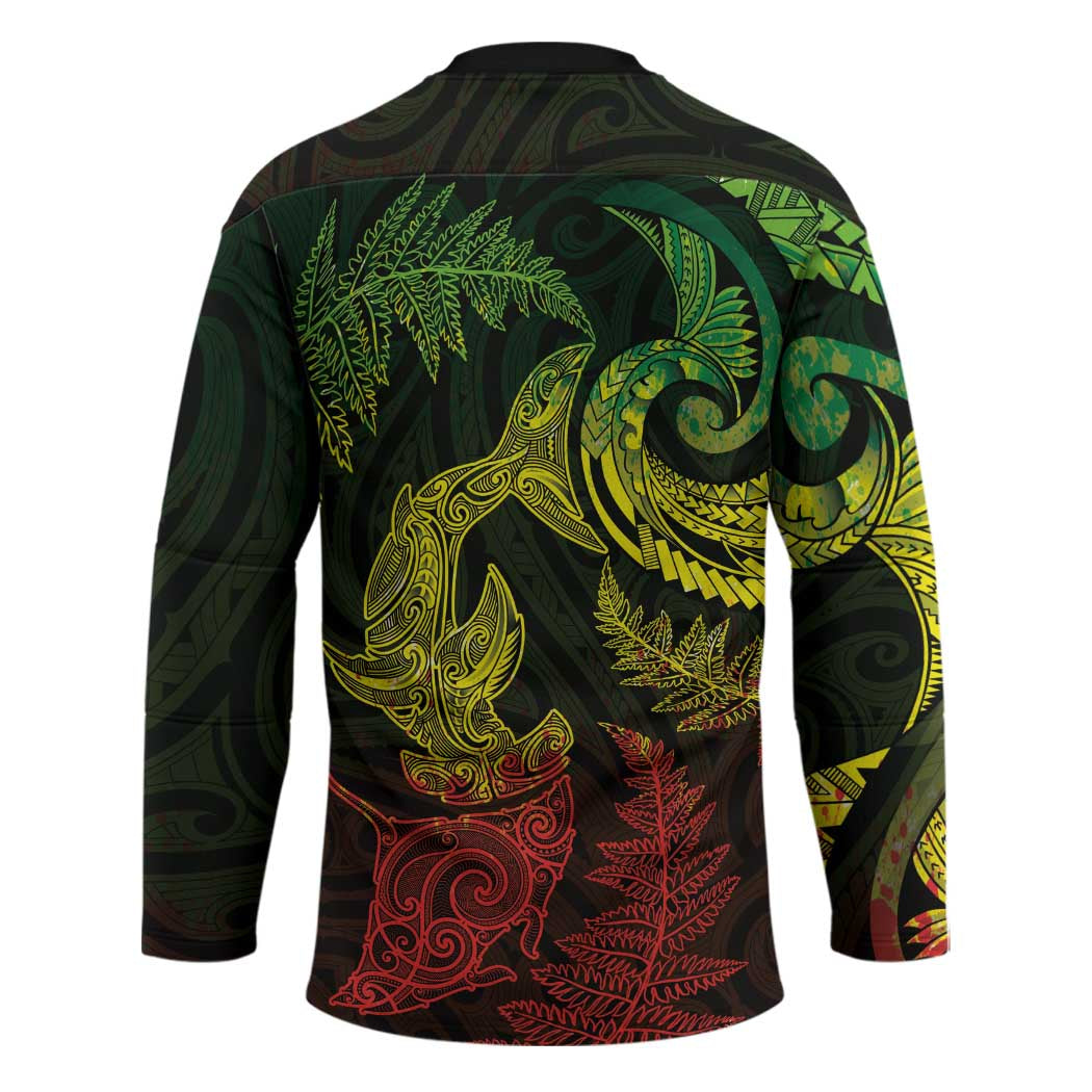 New Zealand Sea Animals with Maori Tribal Tattoo Hockey Jersey Shark Manta Ray with Silver Fern Reggae