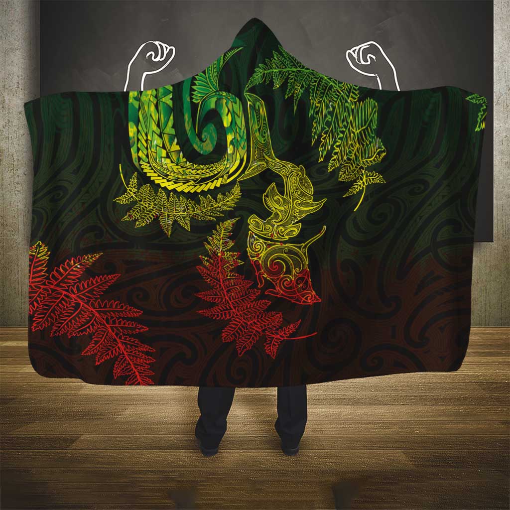 New Zealand Sea Animals with Maori Tribal Tattoo Hooded Blanket Shark Manta Ray with Silver Fern Reggae