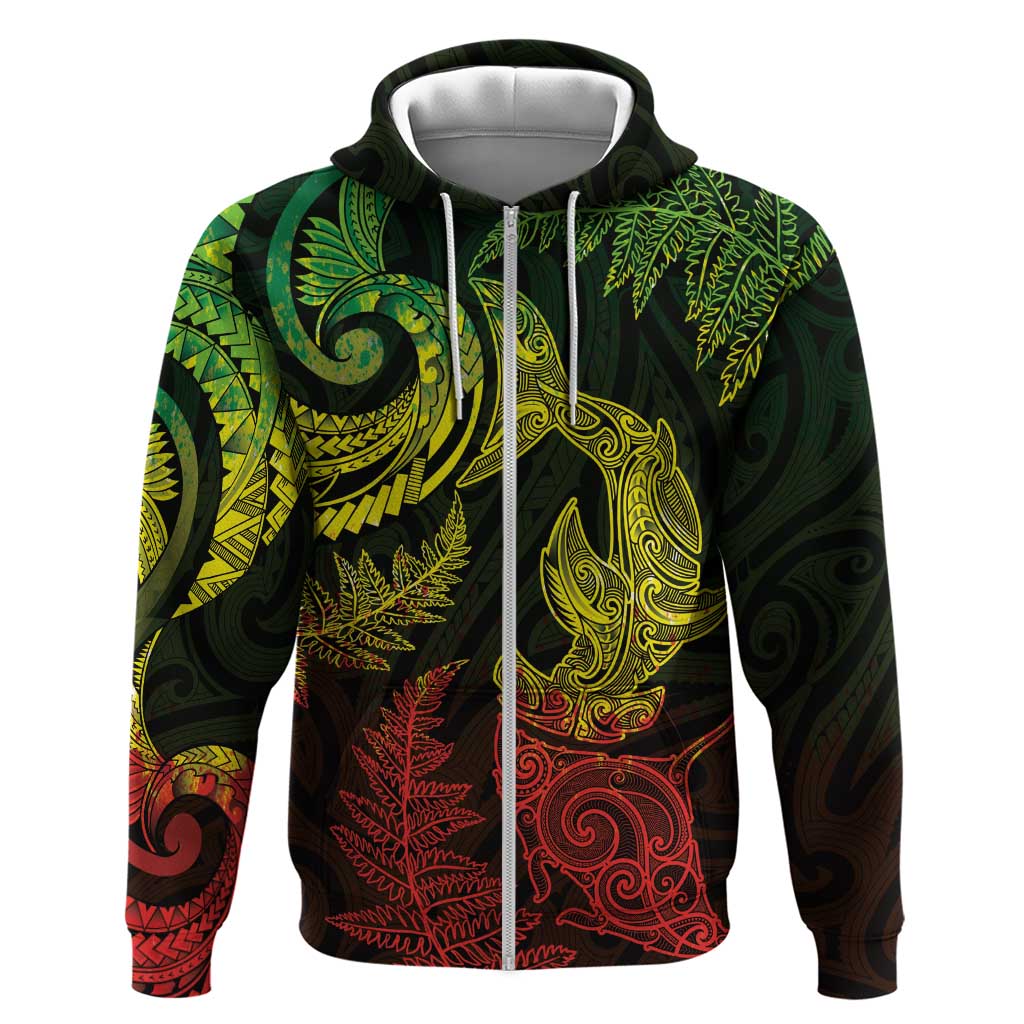 New Zealand Sea Animals with Maori Tribal Tattoo Hoodie Shark Manta Ray with Silver Fern Reggae LT03 Zip Hoodie Reggae - Polynesian Pride