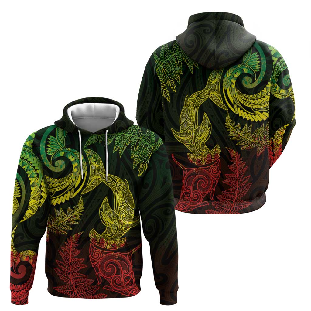 New Zealand Sea Animals with Maori Tribal Tattoo Hoodie Shark Manta Ray with Silver Fern Reggae LT03 - Polynesian Pride
