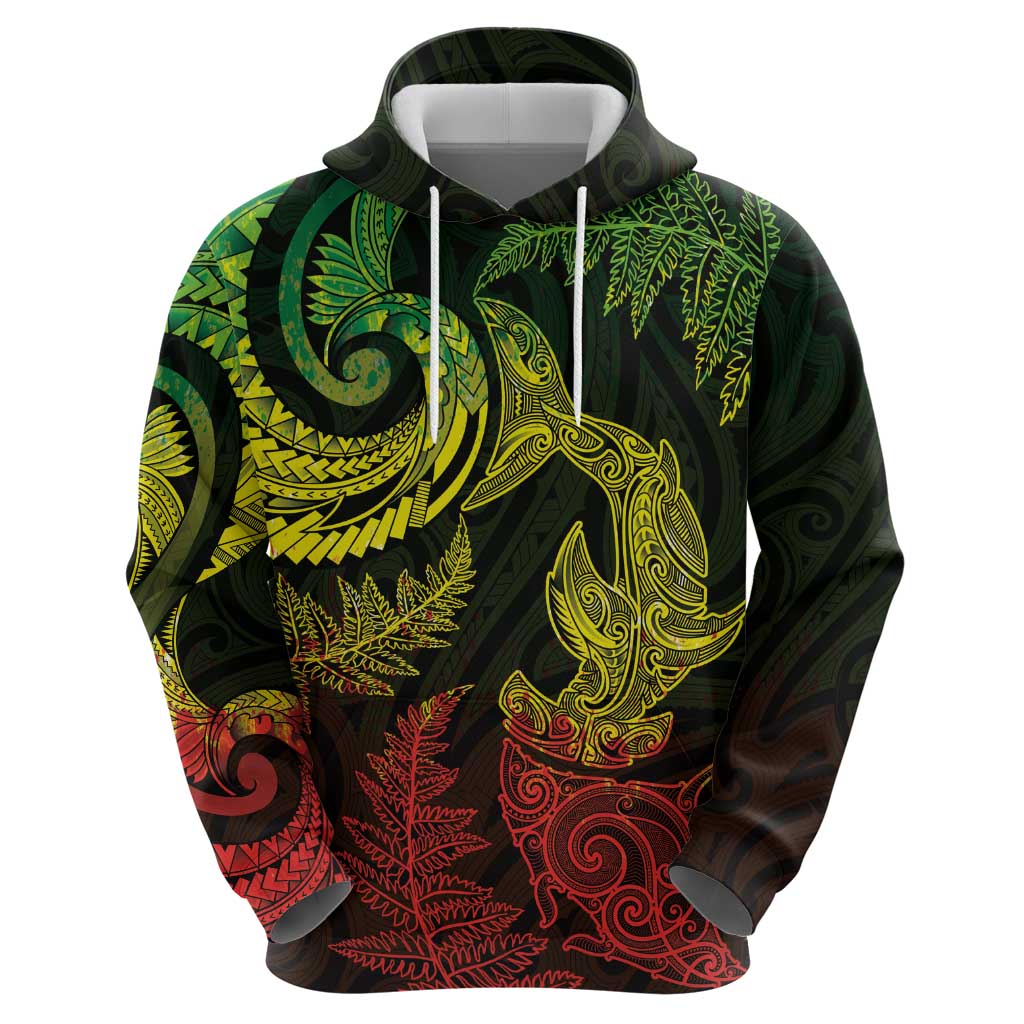 New Zealand Sea Animals with Maori Tribal Tattoo Hoodie Shark Manta Ray with Silver Fern Reggae LT03 - Polynesian Pride