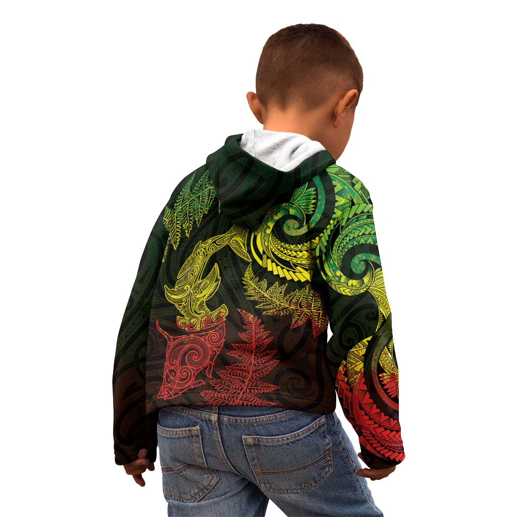 New Zealand Sea Animals with Maori Tribal Tattoo Kid Hoodie Shark Manta Ray with Silver Fern Reggae