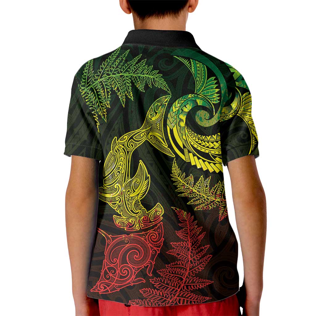 New Zealand Sea Animals with Maori Tribal Tattoo Kid Polo Shirt Shark Manta Ray with Silver Fern Reggae