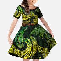 New Zealand Sea Animals with Maori Tribal Tattoo Kid Short Sleeve Dress Shark Manta Ray with Silver Fern Reggae