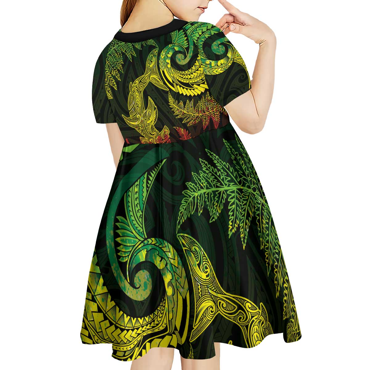 New Zealand Sea Animals with Maori Tribal Tattoo Kid Short Sleeve Dress Shark Manta Ray with Silver Fern Reggae