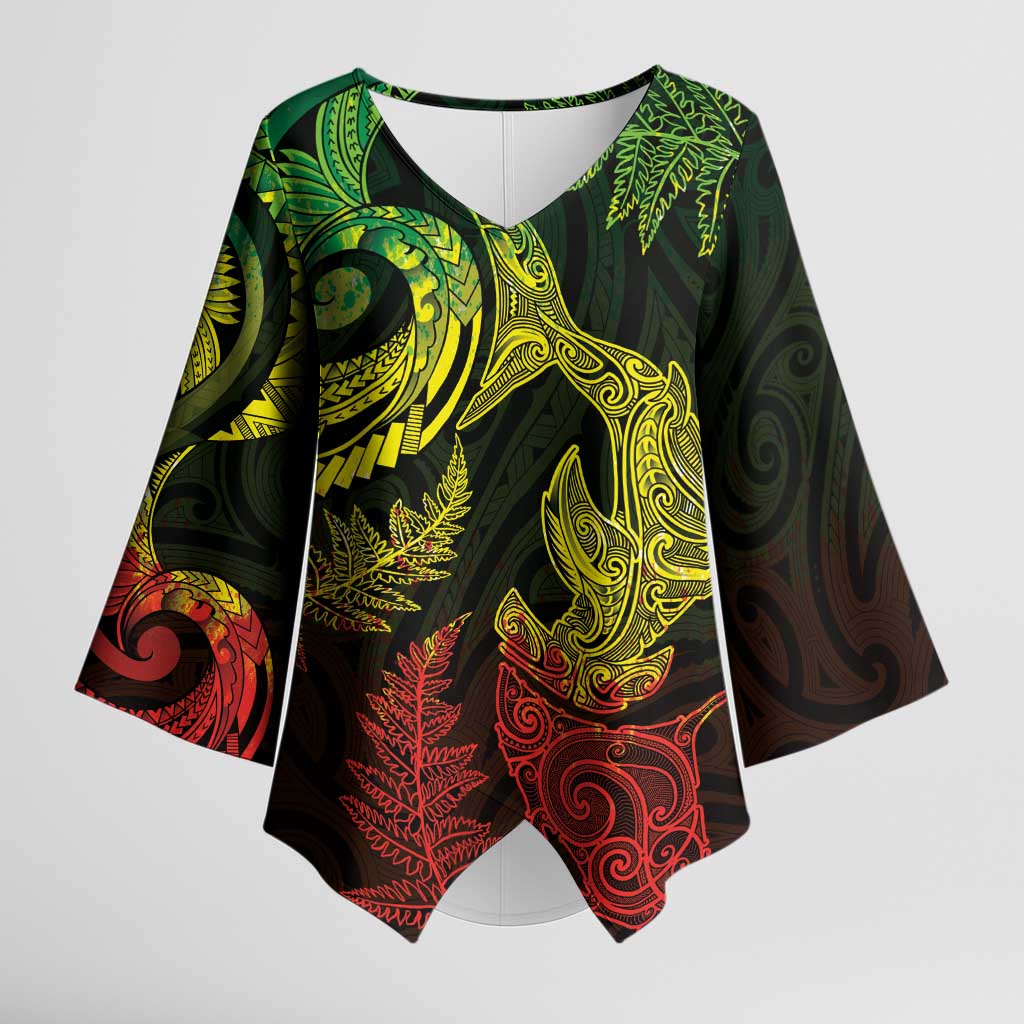 New Zealand Sea Animals with Maori Tribal Tattoo Kimono Sleeve Blouse Shark Manta Ray with Silver Fern Reggae