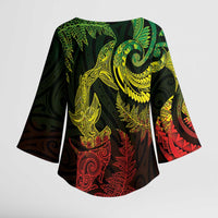 New Zealand Sea Animals with Maori Tribal Tattoo Kimono Sleeve Blouse Shark Manta Ray with Silver Fern Reggae