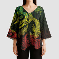 New Zealand Sea Animals with Maori Tribal Tattoo Kimono Sleeve Blouse Shark Manta Ray with Silver Fern Reggae