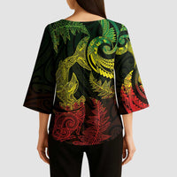 New Zealand Sea Animals with Maori Tribal Tattoo Kimono Sleeve Blouse Shark Manta Ray with Silver Fern Reggae