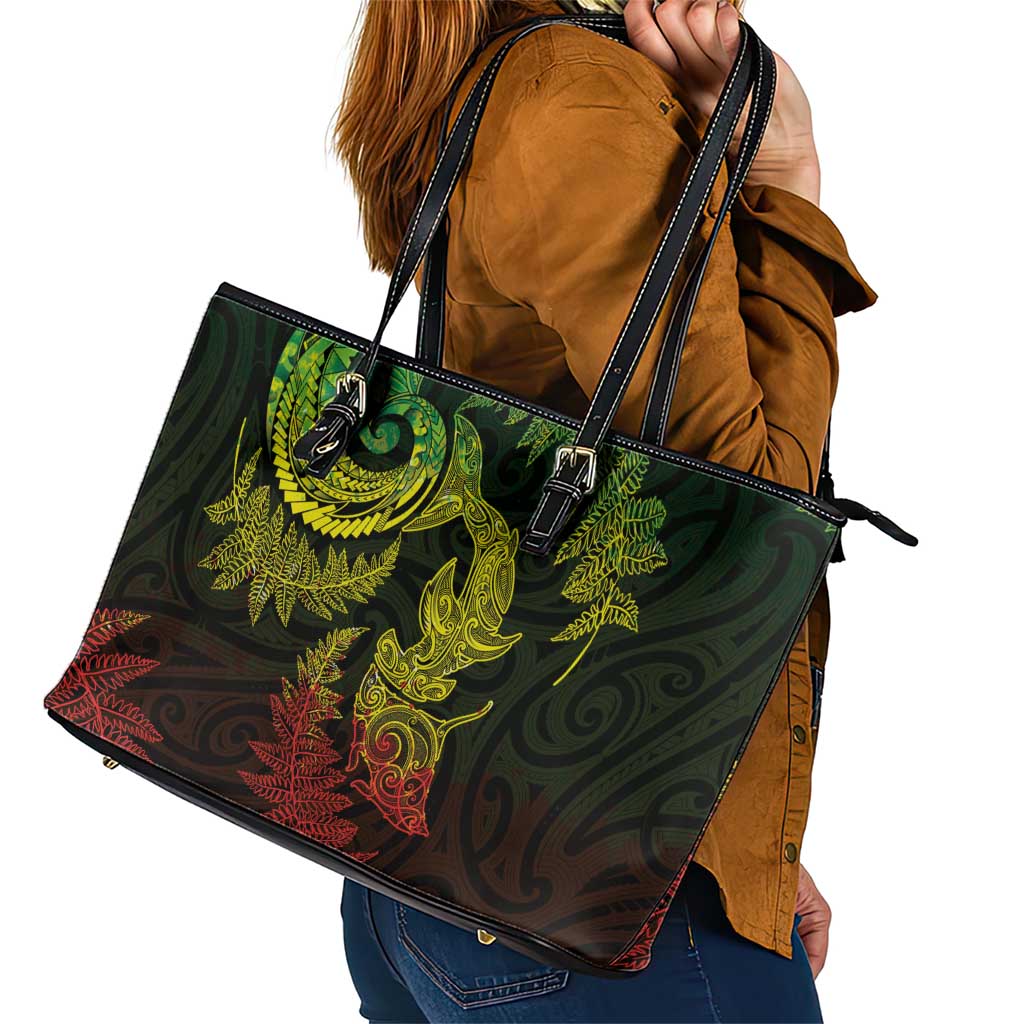 New Zealand Sea Animals with Maori Tribal Tattoo Leather Tote Bag Shark Manta Ray with Silver Fern Reggae