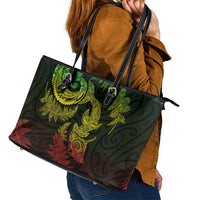 New Zealand Sea Animals with Maori Tribal Tattoo Leather Tote Bag Shark Manta Ray with Silver Fern Reggae