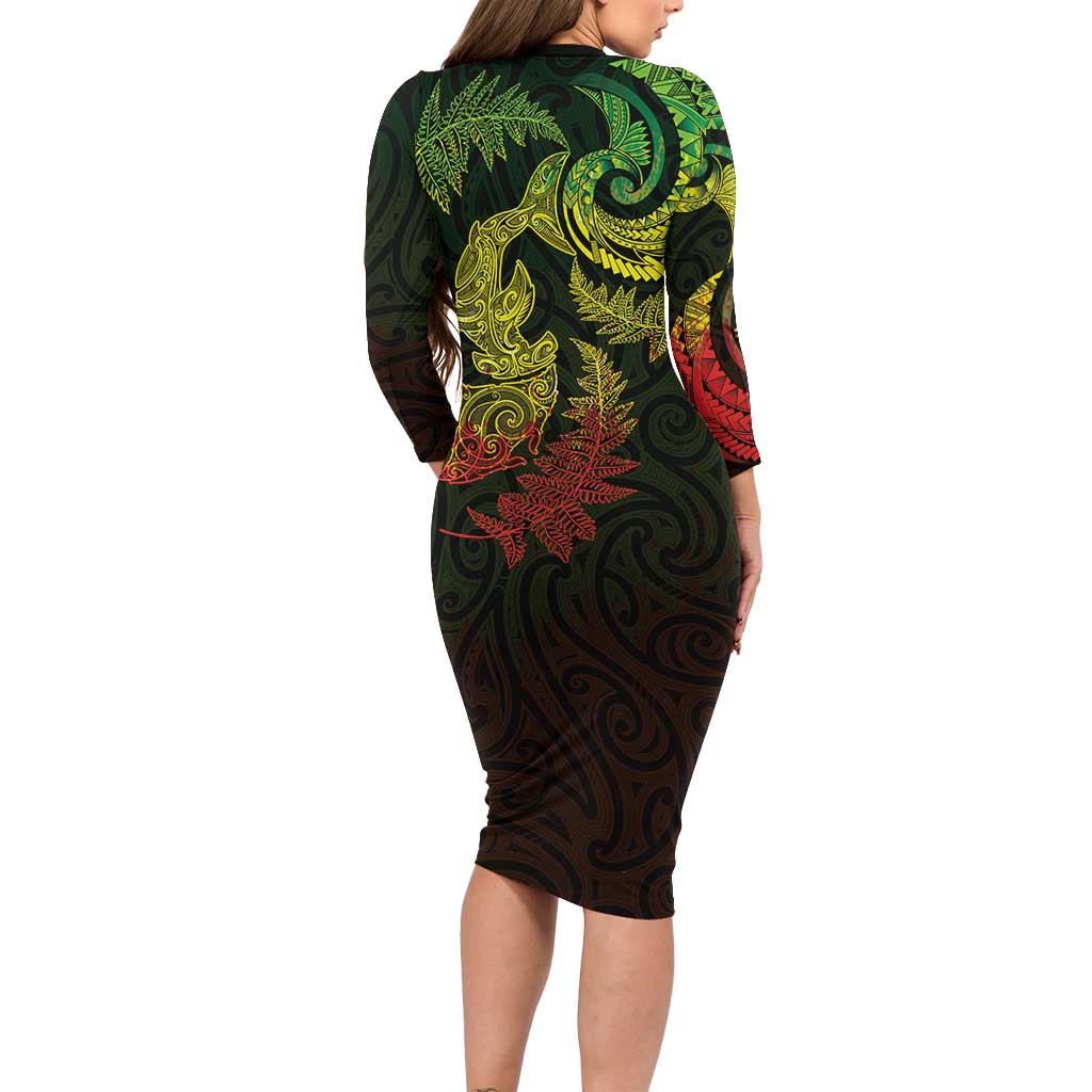 New Zealand Sea Animals with Maori Tribal Tattoo Long Sleeve Bodycon Dress Shark Manta Ray with Silver Fern Reggae