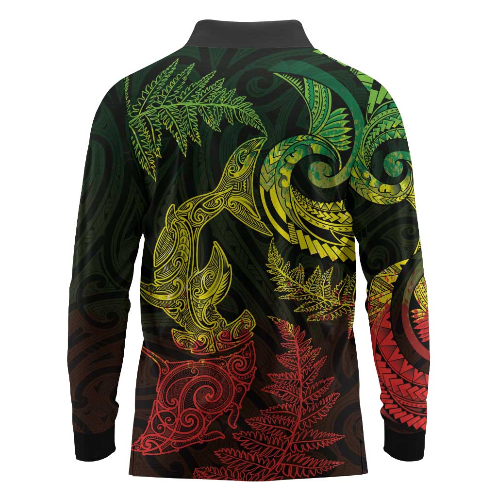 New Zealand Sea Animals with Maori Tribal Tattoo Long Sleeve Polo Shirt Shark Manta Ray with Silver Fern Reggae