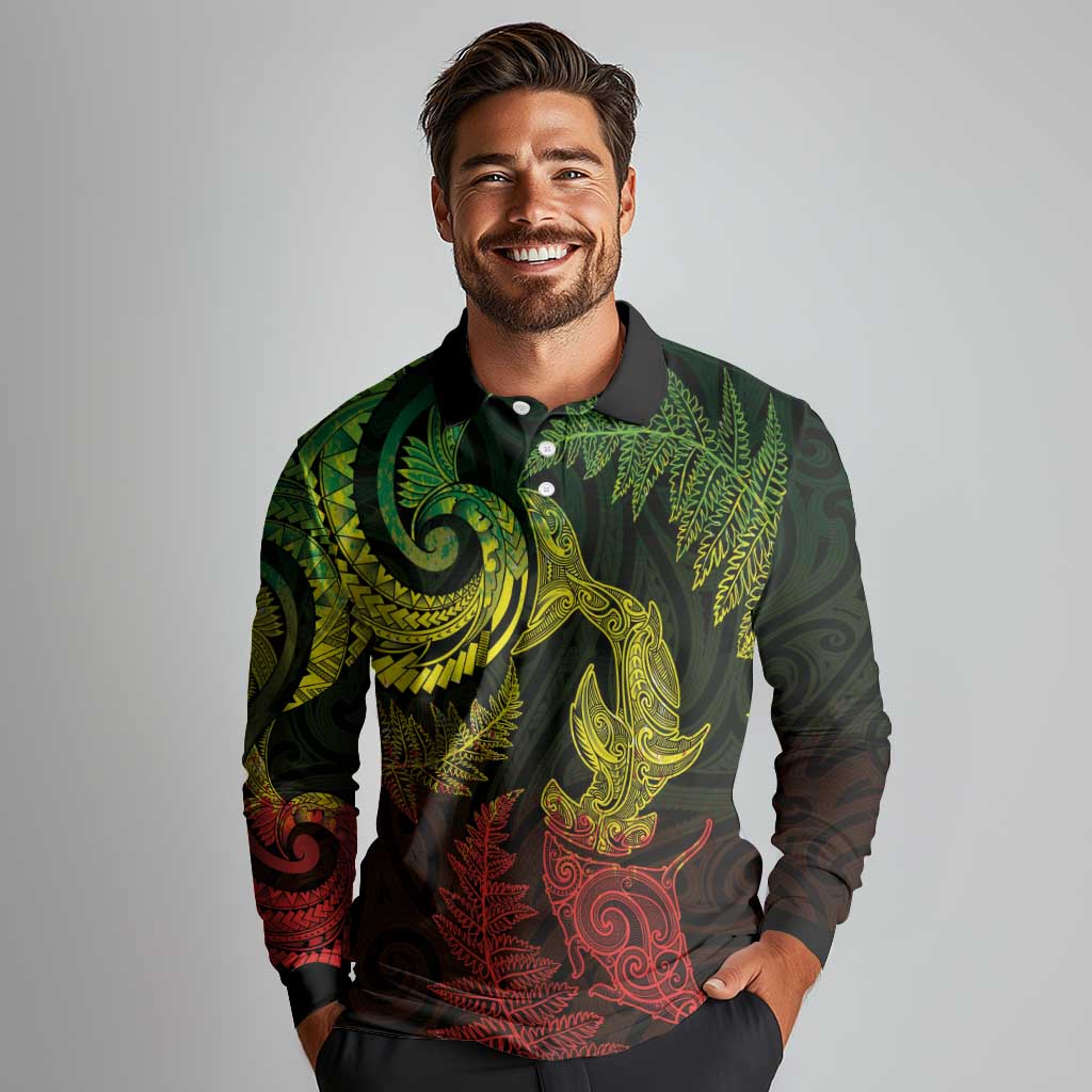 New Zealand Sea Animals with Maori Tribal Tattoo Long Sleeve Polo Shirt Shark Manta Ray with Silver Fern Reggae