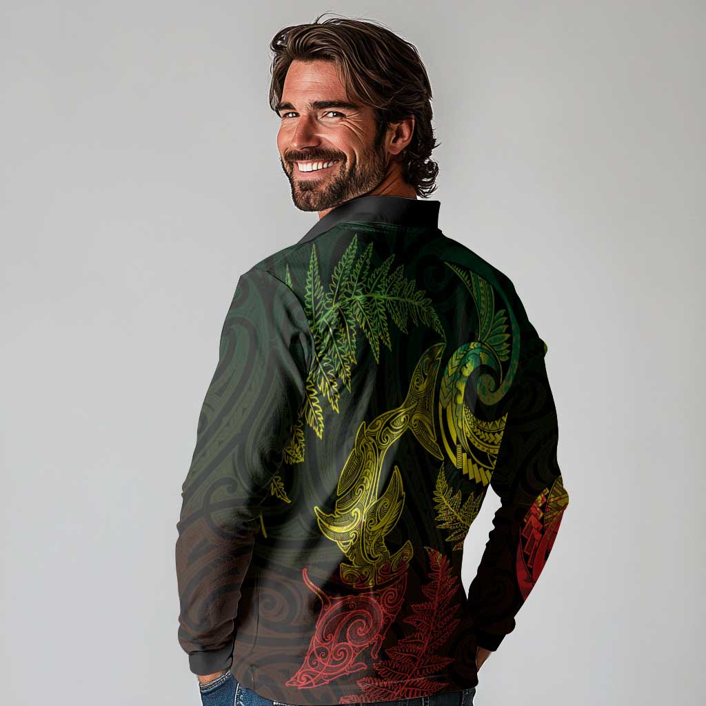 New Zealand Sea Animals with Maori Tribal Tattoo Long Sleeve Polo Shirt Shark Manta Ray with Silver Fern Reggae