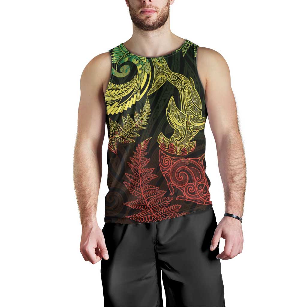 New Zealand Sea Animals with Maori Tribal Tattoo Men Tank Top Shark Manta Ray with Silver Fern Reggae