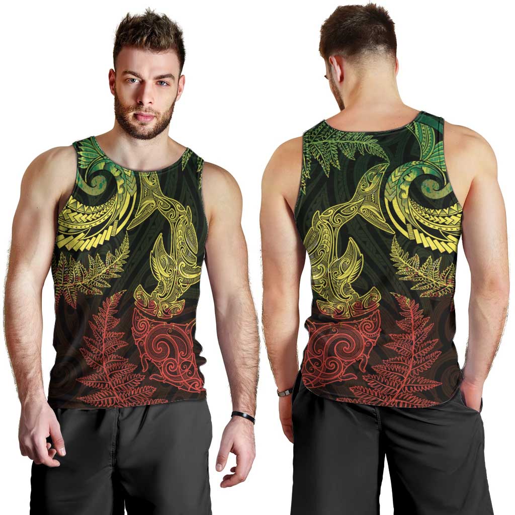 New Zealand Sea Animals with Maori Tribal Tattoo Men Tank Top Shark Manta Ray with Silver Fern Reggae