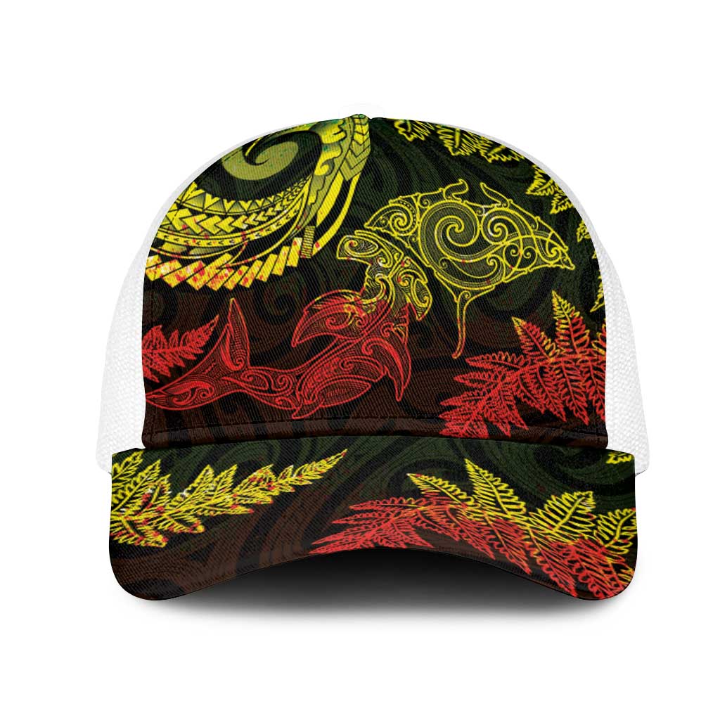 New Zealand Sea Animals with Maori Tribal Tattoo Mesh Trucker Cap Shark Manta Ray with Silver Fern Reggae LT03 One Size White Reggae - Polynesian Pride