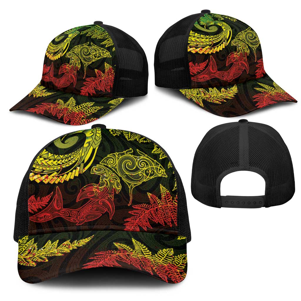 New Zealand Sea Animals with Maori Tribal Tattoo Mesh Trucker Cap Shark Manta Ray with Silver Fern Reggae LT03 - Polynesian Pride