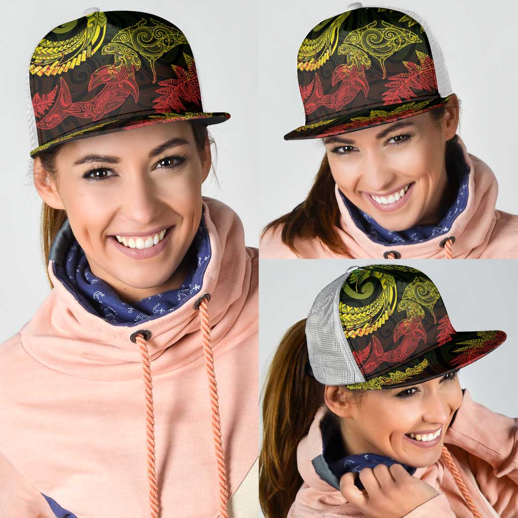 New Zealand Sea Animals with Maori Tribal Tattoo Mesh Trucker Cap Shark Manta Ray with Silver Fern Reggae LT03 - Polynesian Pride