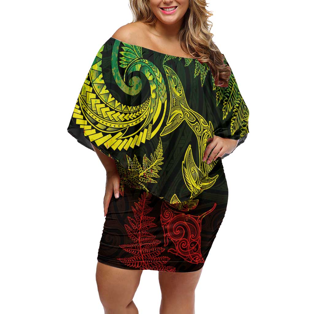 New Zealand Sea Animals with Maori Tribal Tattoo Off Shoulder Short Dress Shark Manta Ray with Silver Fern Reggae