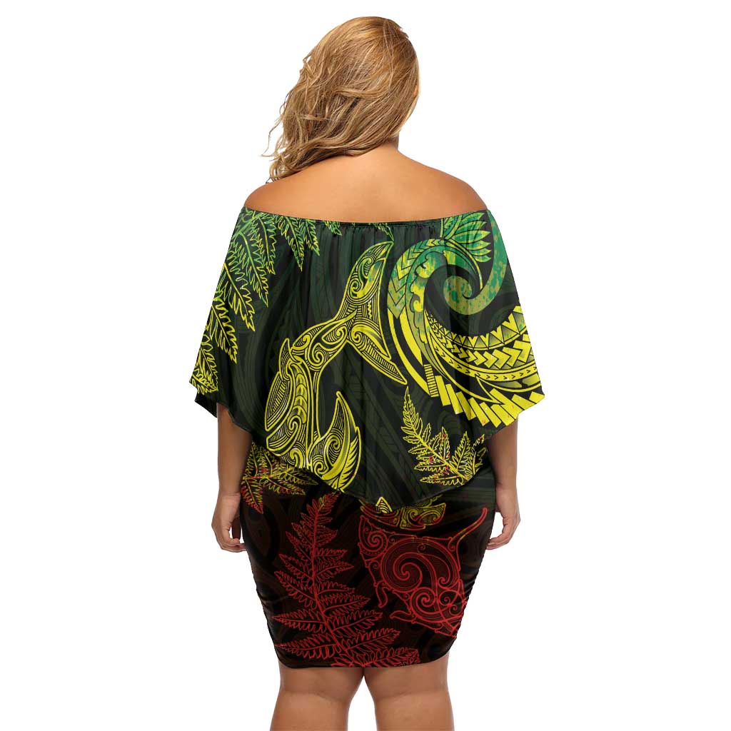 New Zealand Sea Animals with Maori Tribal Tattoo Off Shoulder Short Dress Shark Manta Ray with Silver Fern Reggae