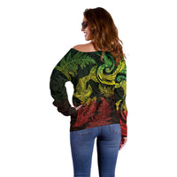 New Zealand Sea Animals with Maori Tribal Tattoo Off Shoulder Sweater Shark Manta Ray with Silver Fern Reggae