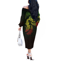 New Zealand Sea Animals with Maori Tribal Tattoo Off The Shoulder Long Sleeve Dress Shark Manta Ray with Silver Fern Reggae