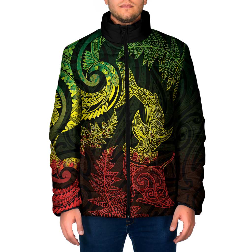New Zealand Sea Animals with Maori Tribal Tattoo Padded Jacket Shark Manta Ray with Silver Fern Reggae