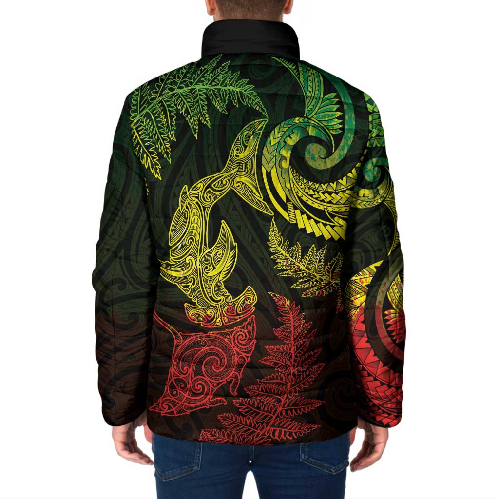 New Zealand Sea Animals with Maori Tribal Tattoo Padded Jacket Shark Manta Ray with Silver Fern Reggae