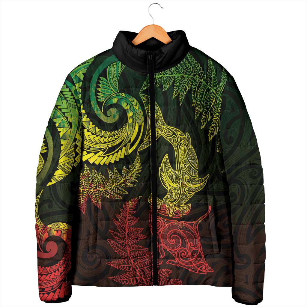 New Zealand Sea Animals with Maori Tribal Tattoo Padded Jacket Shark Manta Ray with Silver Fern Reggae