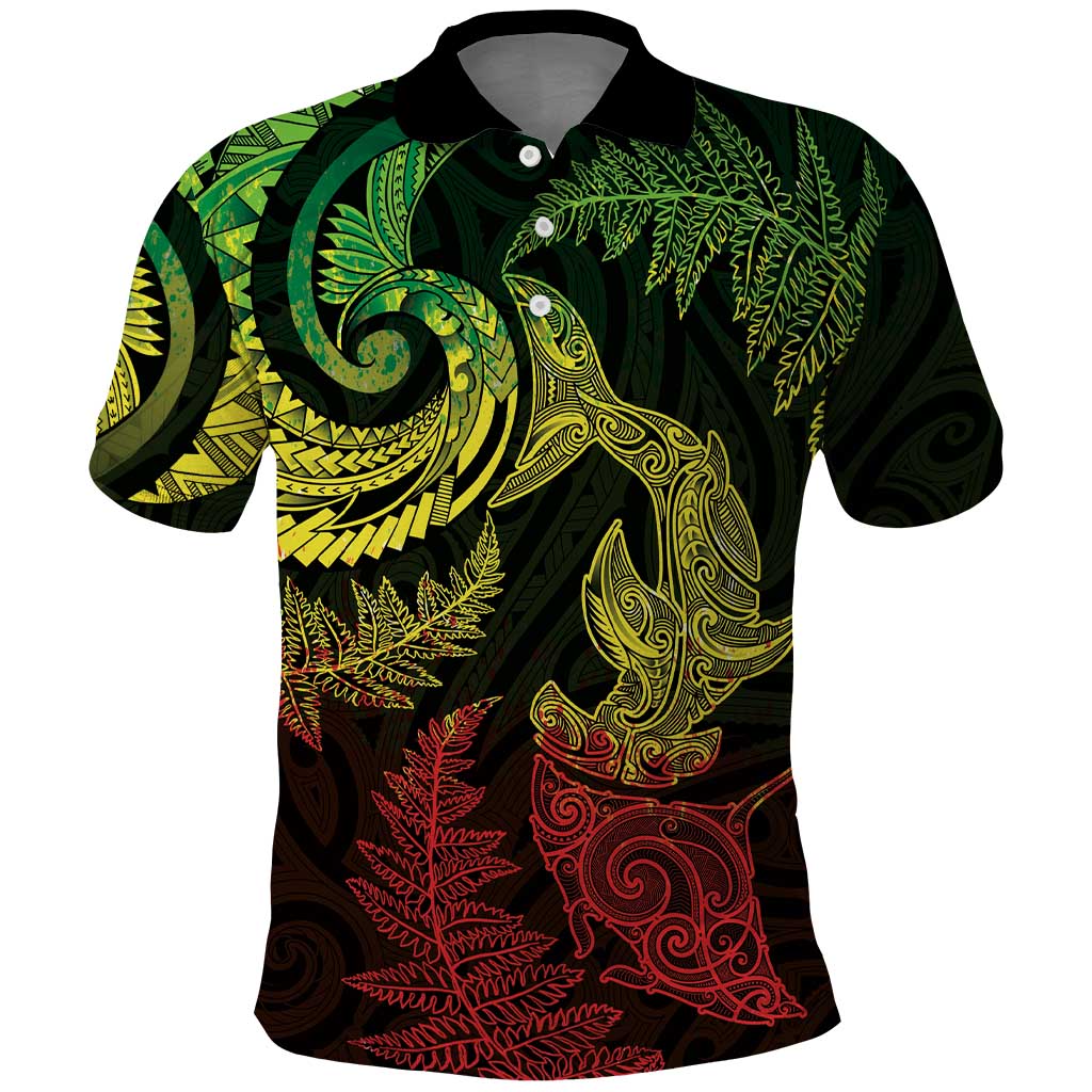 New Zealand Sea Animals with Maori Tribal Tattoo Polo Shirt Shark Manta Ray with Silver Fern Reggae LT03 Reggae - Polynesian Pride