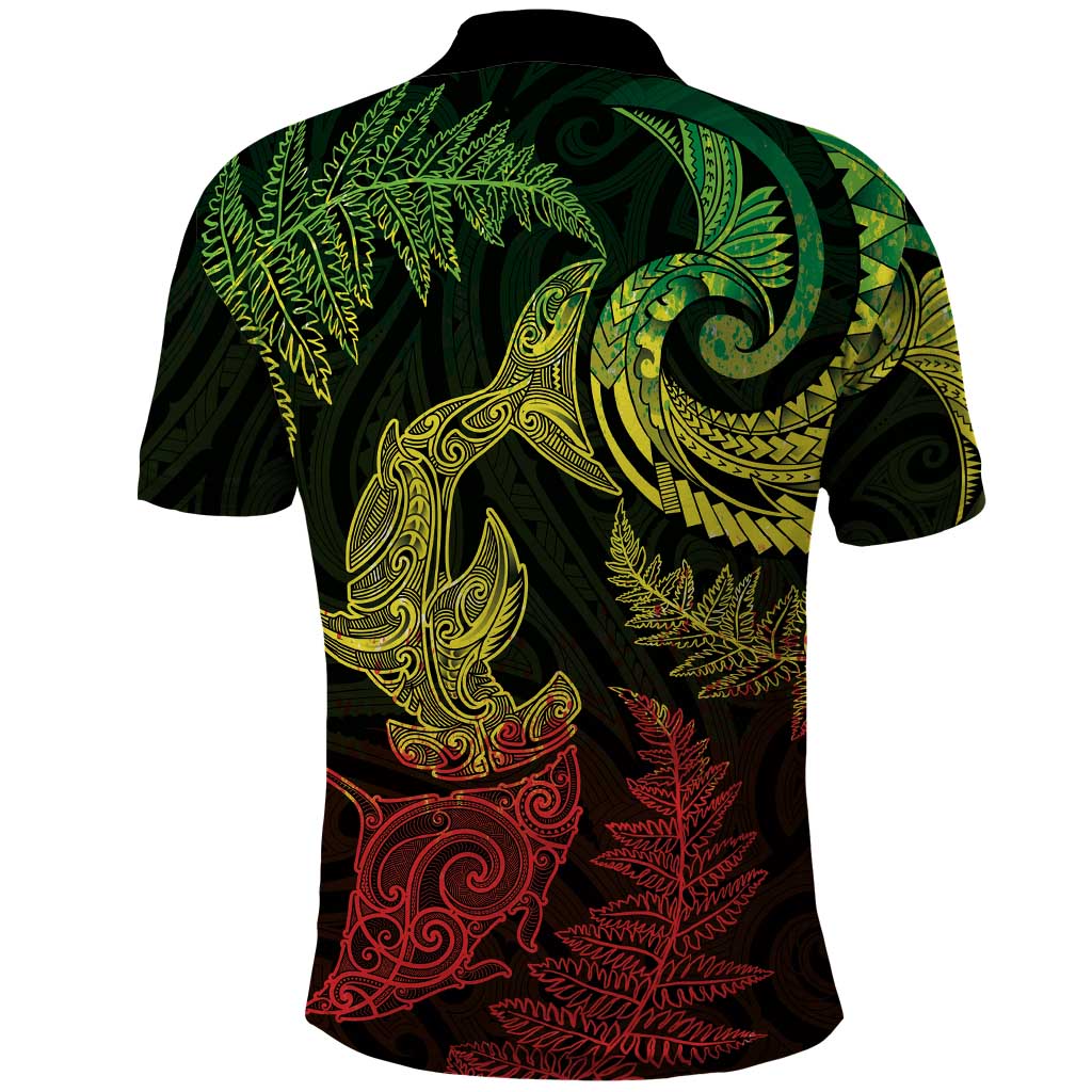New Zealand Sea Animals with Maori Tribal Tattoo Polo Shirt Shark Manta Ray with Silver Fern Reggae LT03 - Polynesian Pride