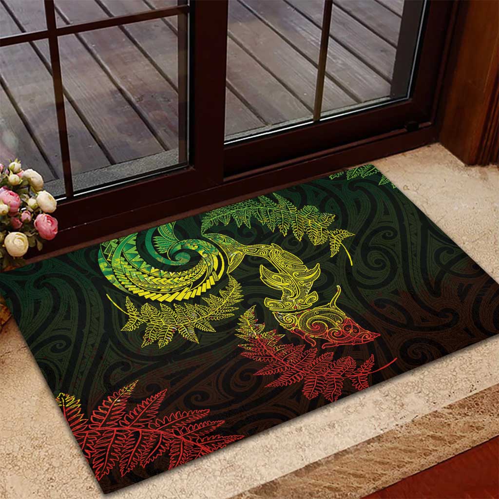 New Zealand Sea Animals with Maori Tribal Tattoo Rubber Doormat Shark Manta Ray with Silver Fern Reggae
