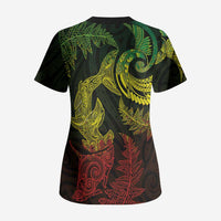 New Zealand Sea Animals with Maori Tribal Tattoo Scrub Top Shark Manta Ray with Silver Fern Reggae