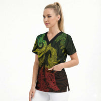 New Zealand Sea Animals with Maori Tribal Tattoo Scrub Top Shark Manta Ray with Silver Fern Reggae