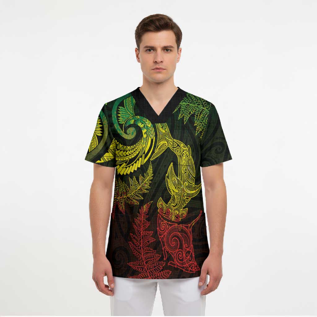 New Zealand Sea Animals with Maori Tribal Tattoo Scrub Top Shark Manta Ray with Silver Fern Reggae