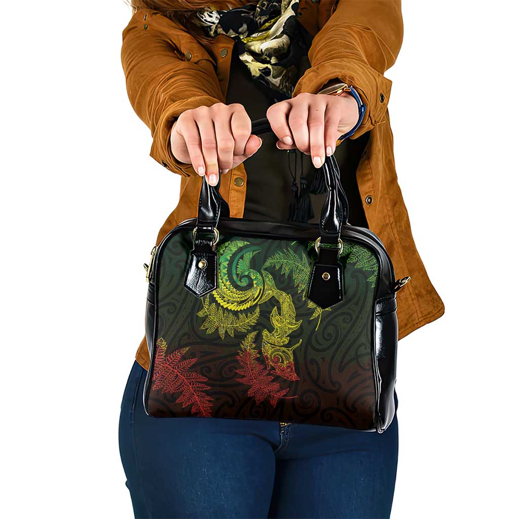 New Zealand Sea Animals with Maori Tribal Tattoo Shoulder Handbag Shark Manta Ray with Silver Fern Reggae