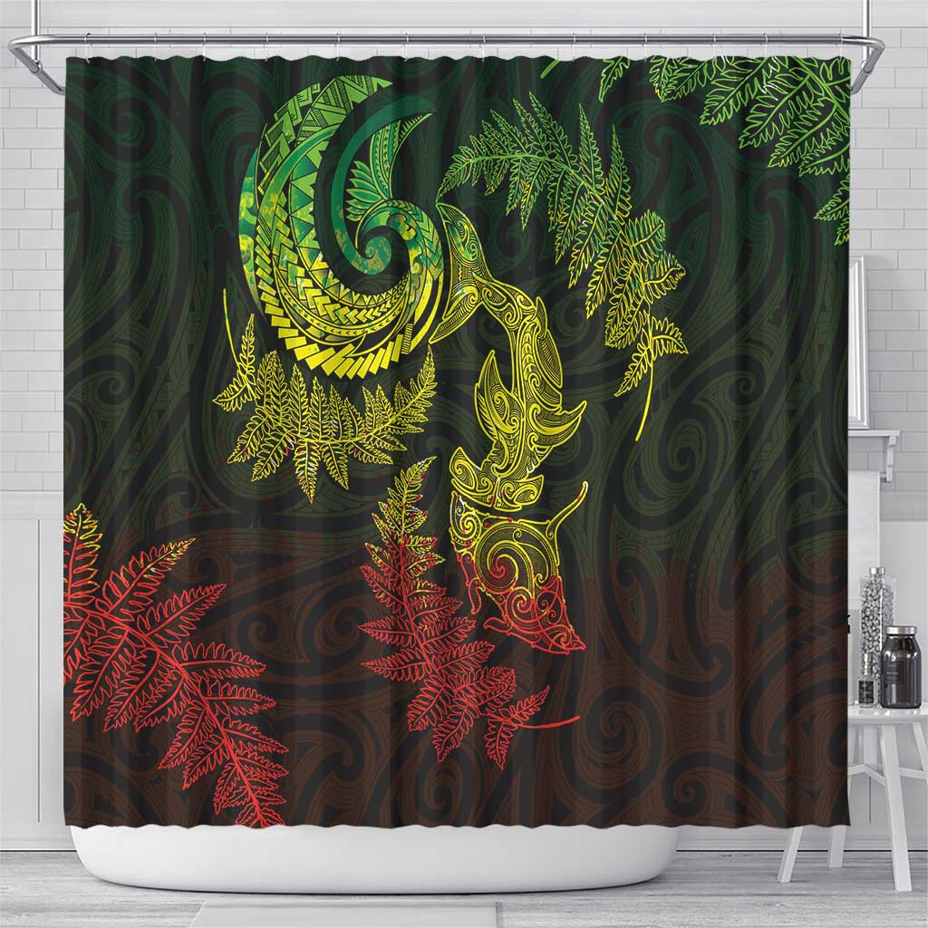New Zealand Sea Animals with Maori Tribal Tattoo Shower Curtain Shark Manta Ray with Silver Fern Reggae
