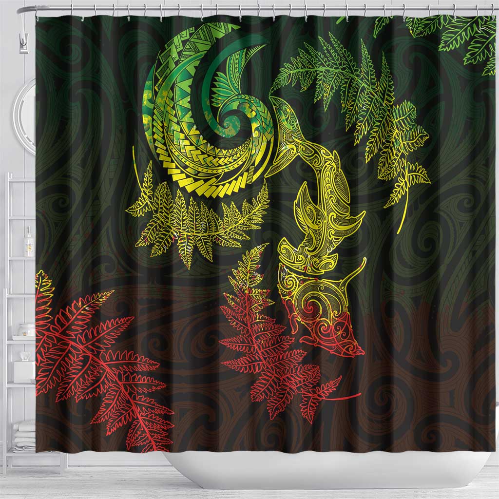 New Zealand Sea Animals with Maori Tribal Tattoo Shower Curtain Shark Manta Ray with Silver Fern Reggae