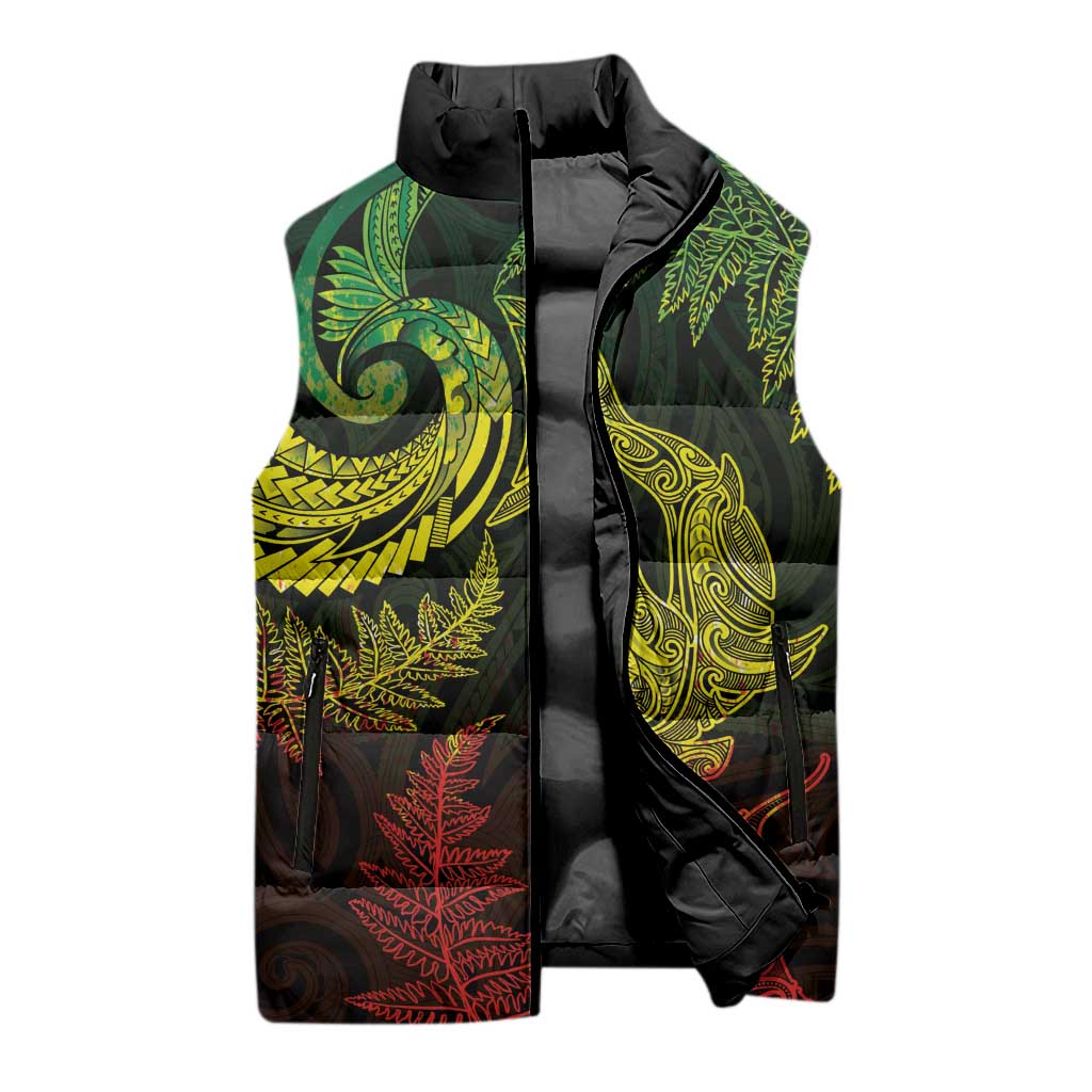 New Zealand Sea Animals with Maori Tribal Tattoo Sleeveless Puffer Jacket Shark Manta Ray with Silver Fern Reggae