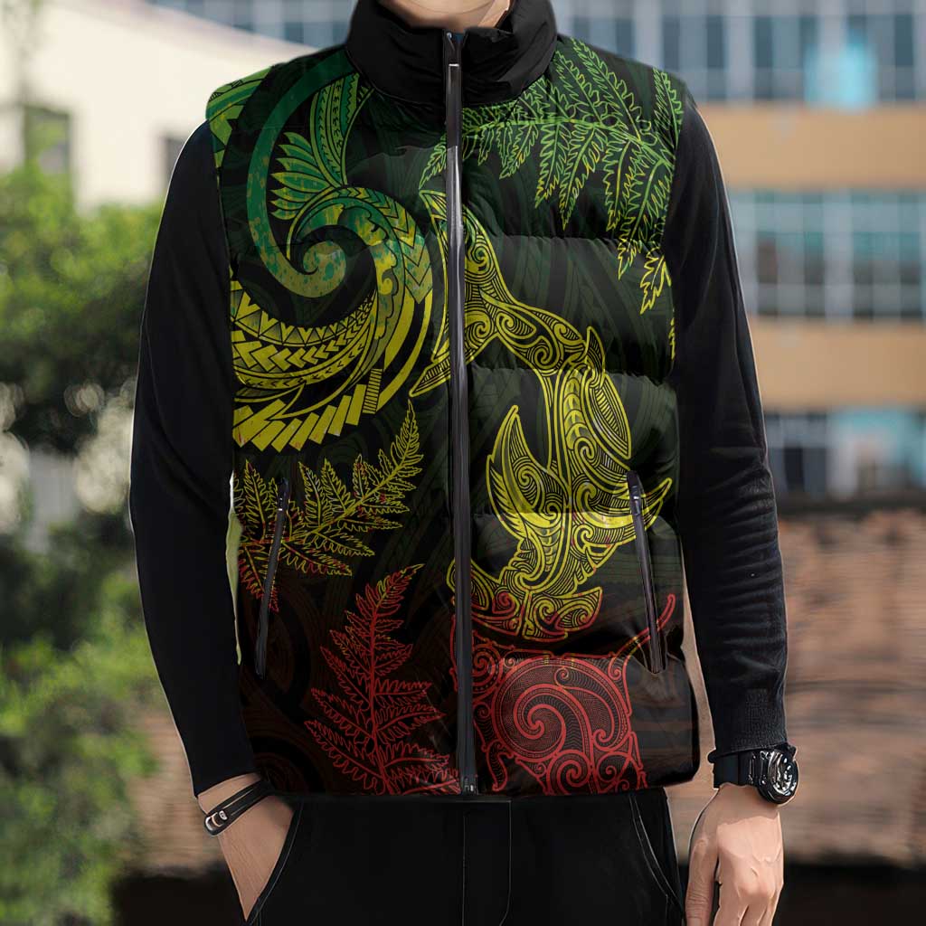 New Zealand Sea Animals with Maori Tribal Tattoo Sleeveless Puffer Jacket Shark Manta Ray with Silver Fern Reggae