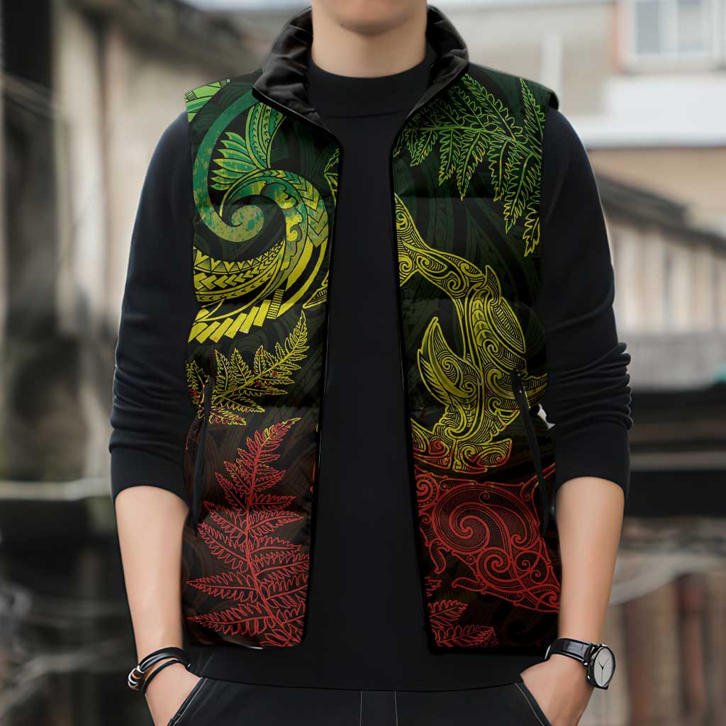 New Zealand Sea Animals with Maori Tribal Tattoo Sleeveless Puffer Jacket Shark Manta Ray with Silver Fern Reggae